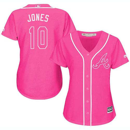 Braves #10 Chipper Jones Pink Fashion Women's Stitched MLB Jersey - Click Image to Close